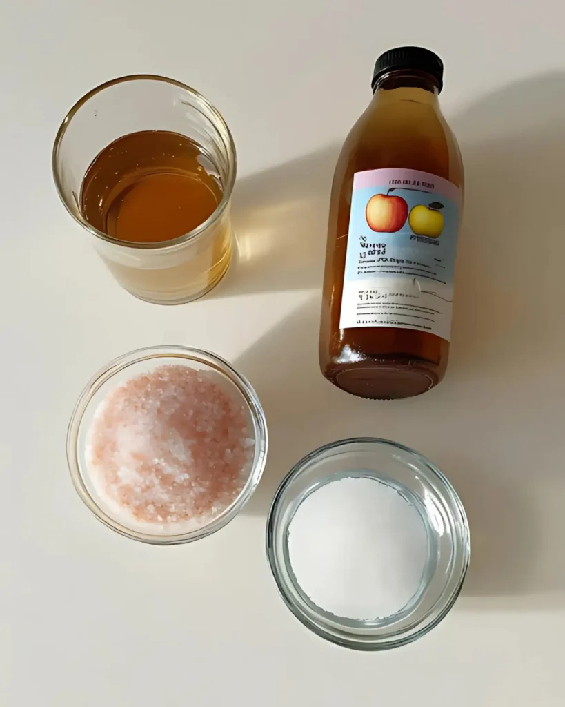 Flat lay of Himalayan pink salt, table salt, apple cider vinegar, and glasses of water on a white background.