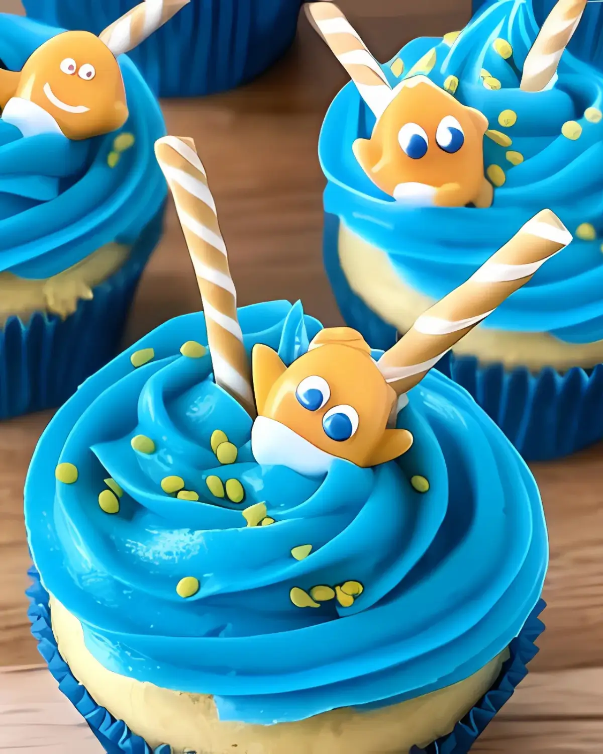 Gone Fishing Cupcakes with blue frosting, striped candy fishing poles, goldfish candy toppers, and yellow sprinkles on wood background