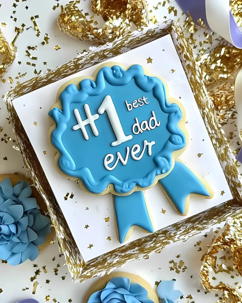 Blue “#1 Best Dad Ever” decorated sugar cookie in gift box with gold confetti, Father’s Day cookie gift idea