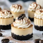 Mini coffee cheesecake topped with whipped cream, cocoa powder, espresso bean, Oreo crust, gold fork in background