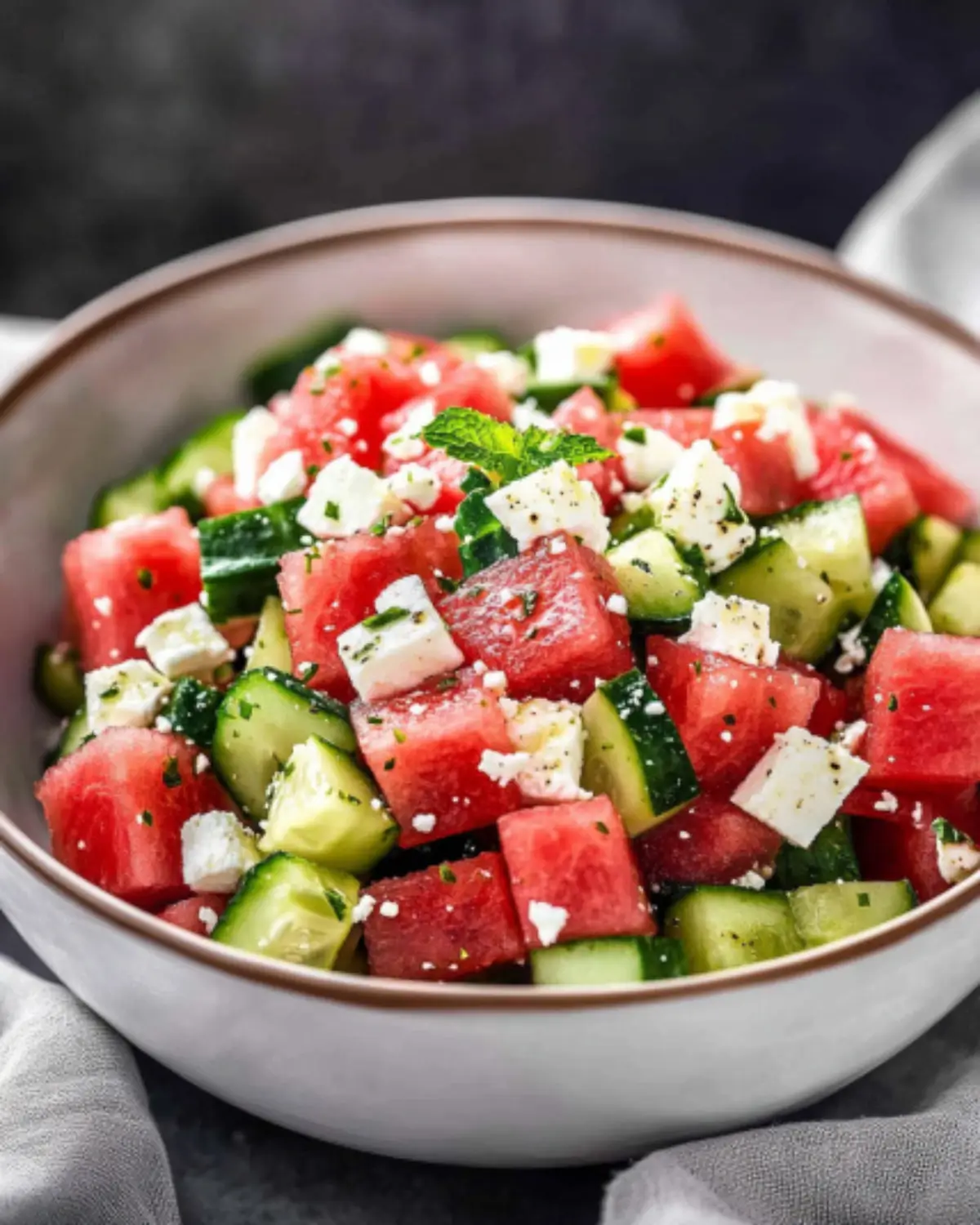 A beautifully plated bowl of Watermelon Salad With Cucumber And Feta, garnished with fresh mint, showcasing the vibrant colors of watermelon, cucumber, and feta.