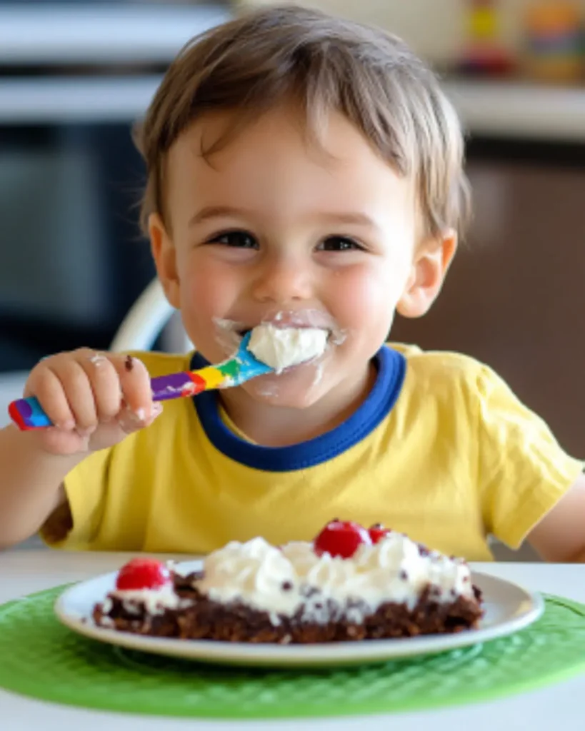 Smiling child eating a slice of brownie pizza with cream cheese and fresh berries, enjoying a fun summer dessert.