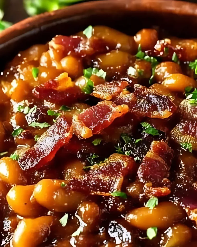 Baked beans topped with crispy bacon and herbs served as a Fourth of July side dish