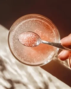 Hand adding 1/4 teaspoon finely ground Himalayan pink salt to a glass of water, close-up view