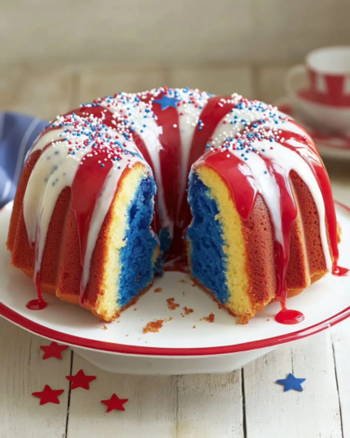 Close-up of Firecracker Red, White and Blue Bundt cake with red and white glaze and colorful sprinkles, on a white plate.
