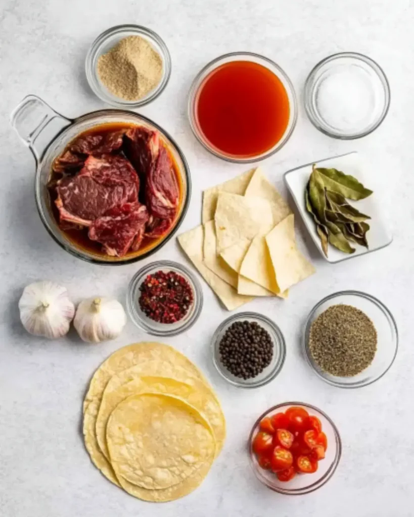 Flat lay of ingredients for Easy Crock Pot Birria Tacos including beef, chiles, tomatoes, tortillas, spices, and broth.
