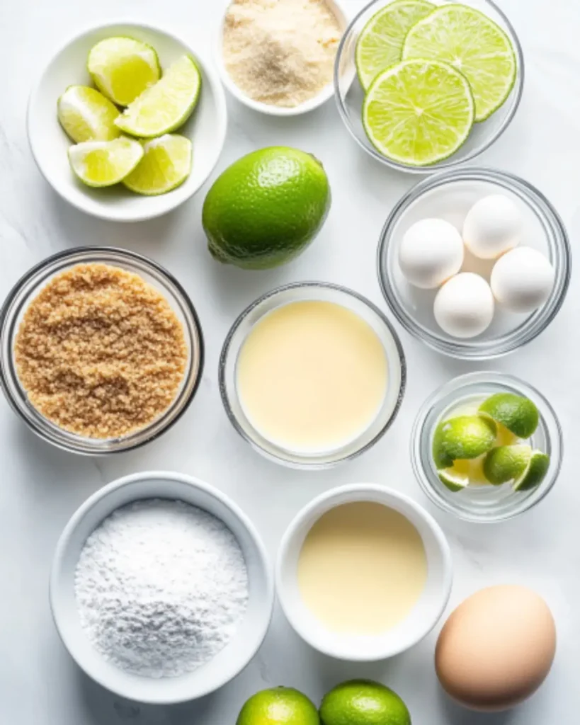 Flat lay of fresh key lime pie ingredients including limes, eggs, sweetened condensed milk, and graham cracker crumbs on a marble surface.