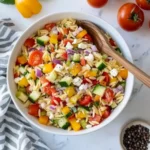 Healthy Simple Orzo salad with bell peppers, cucumbers, red onion, and feta in a white bowl, served with a wooden spoon and pepper.