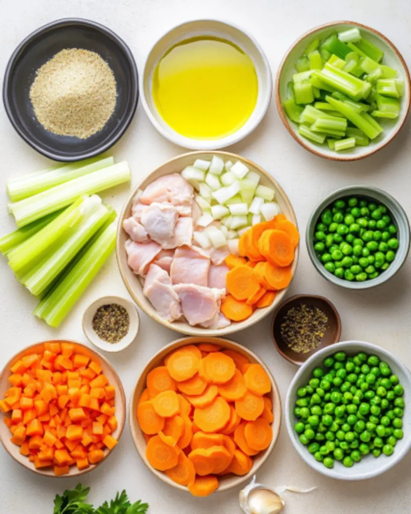 Colorful flat lay of chopped carrots, peas, celery, onions, raw chicken, and olive oil – healthy ingredients for paleo turmeric chicken soup.