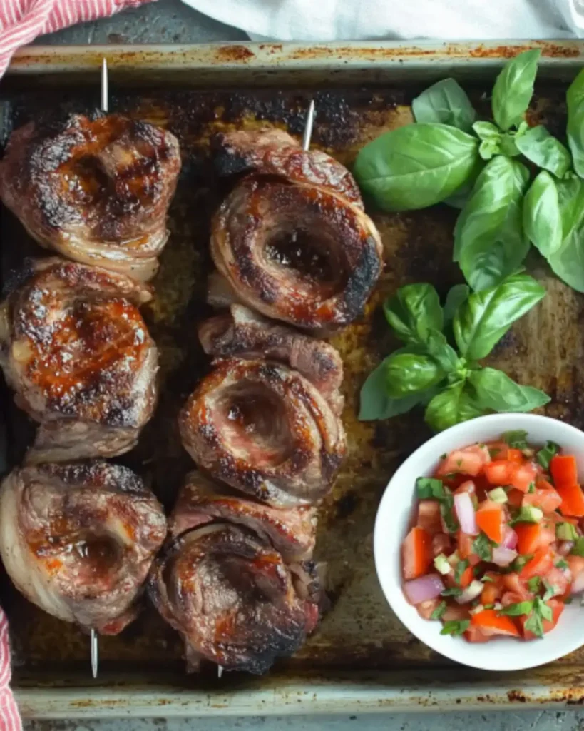 Grilled Brazilian picanha skewers on baking sheet with fresh basil and tomato salsa