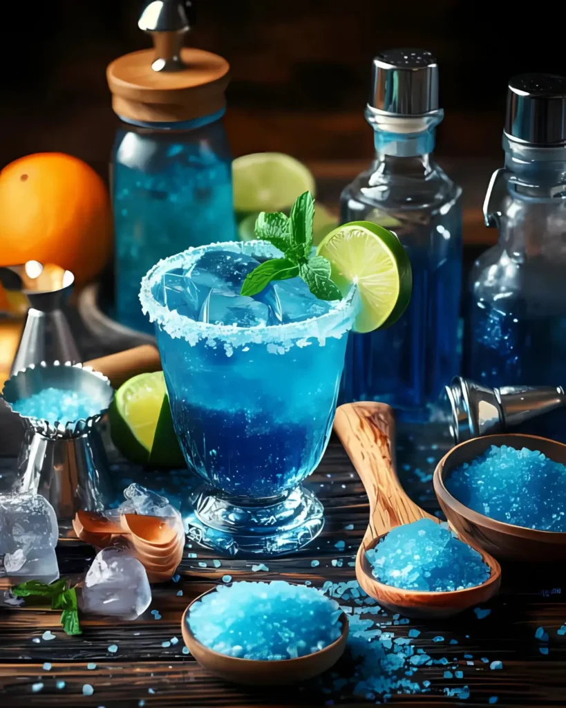 blue salt trick drink recipe served in a glass with Persian blue salt, lime, and mint garnish