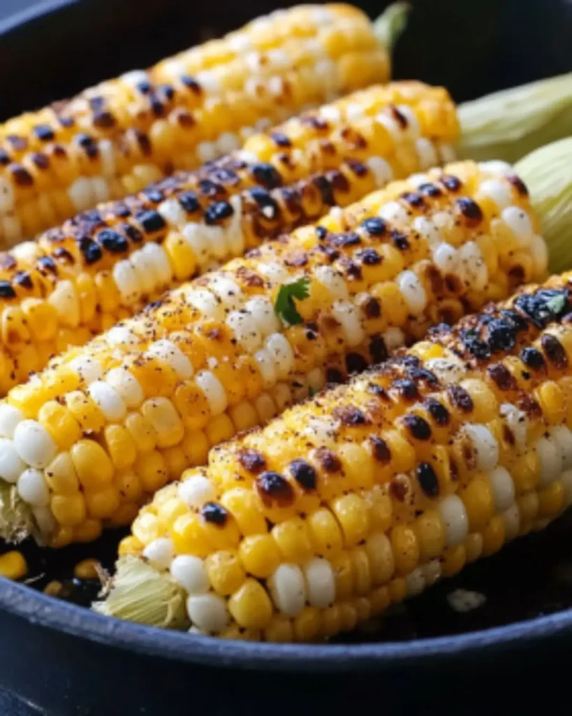 Grilled corn on the cob with char marks and black pepper