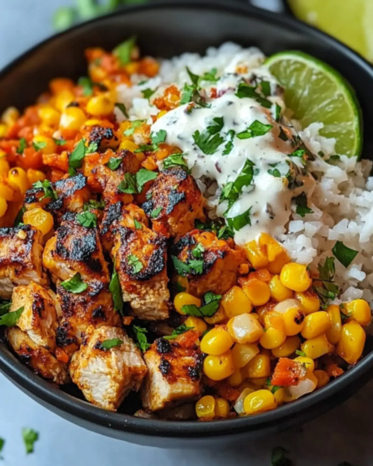 Close-up of grilled chicken and corn with cilantro lime cream over rice in a bowl