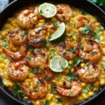 Golden shrimp and sweet corn in a creamy lime sauce served in a skillet with lime wedges