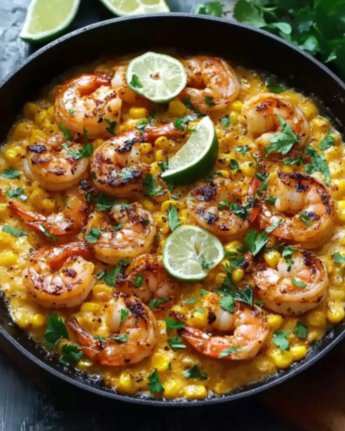 Golden shrimp and sweet corn in a creamy lime sauce served in a skillet with lime wedges