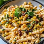 Creamy Mexican street corn pasta salad with lime, cilantro, black beans, and corn in a gray bowl