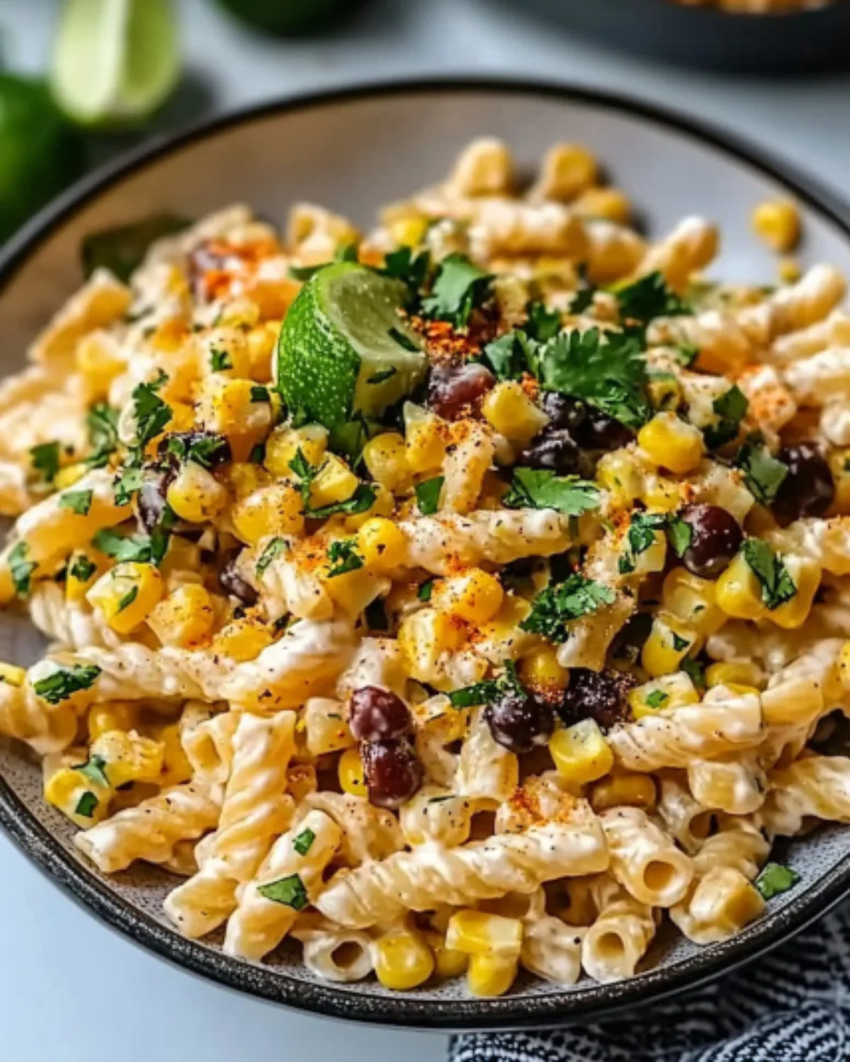 Creamy Mexican street corn pasta salad with lime, cilantro, black beans, and corn in a gray bowl