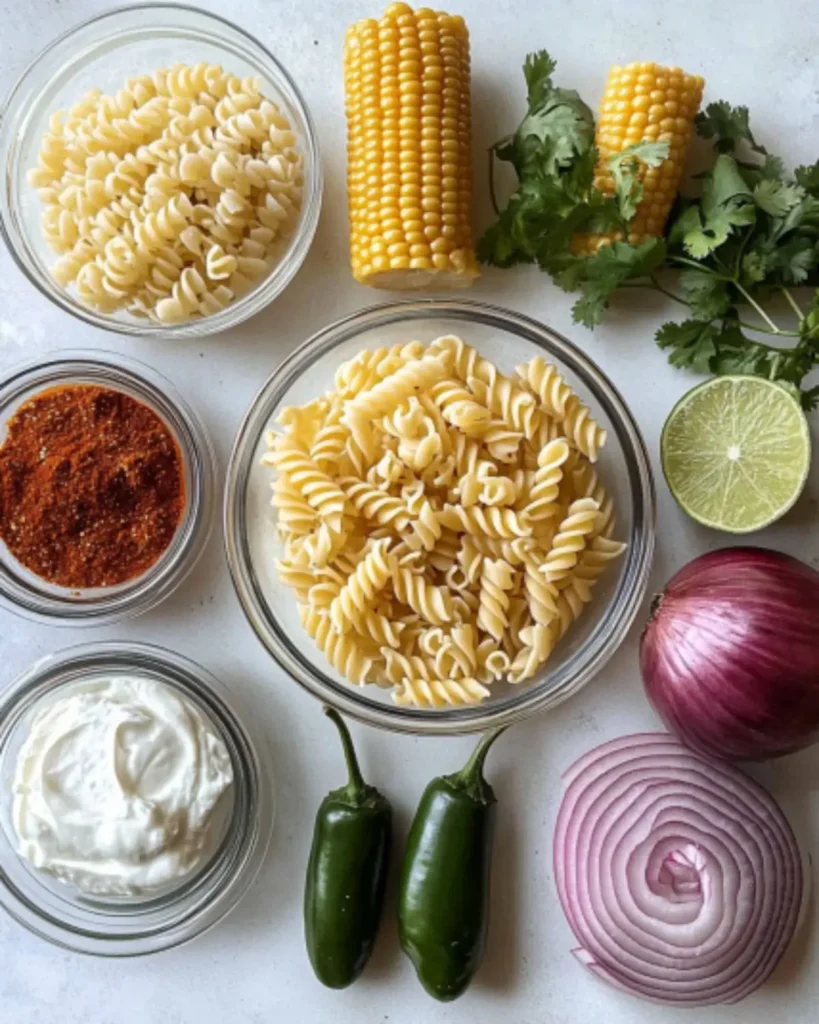 Flat lay of ingredients including pasta, corn, jalapeños, red onion, Greek yogurt, lime, and spices for Elote Pasta Salad.
