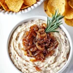 Top view of Delicious Dips made with caramelized onions and herbs, surrounded by crunchy tortilla chips for dipping.