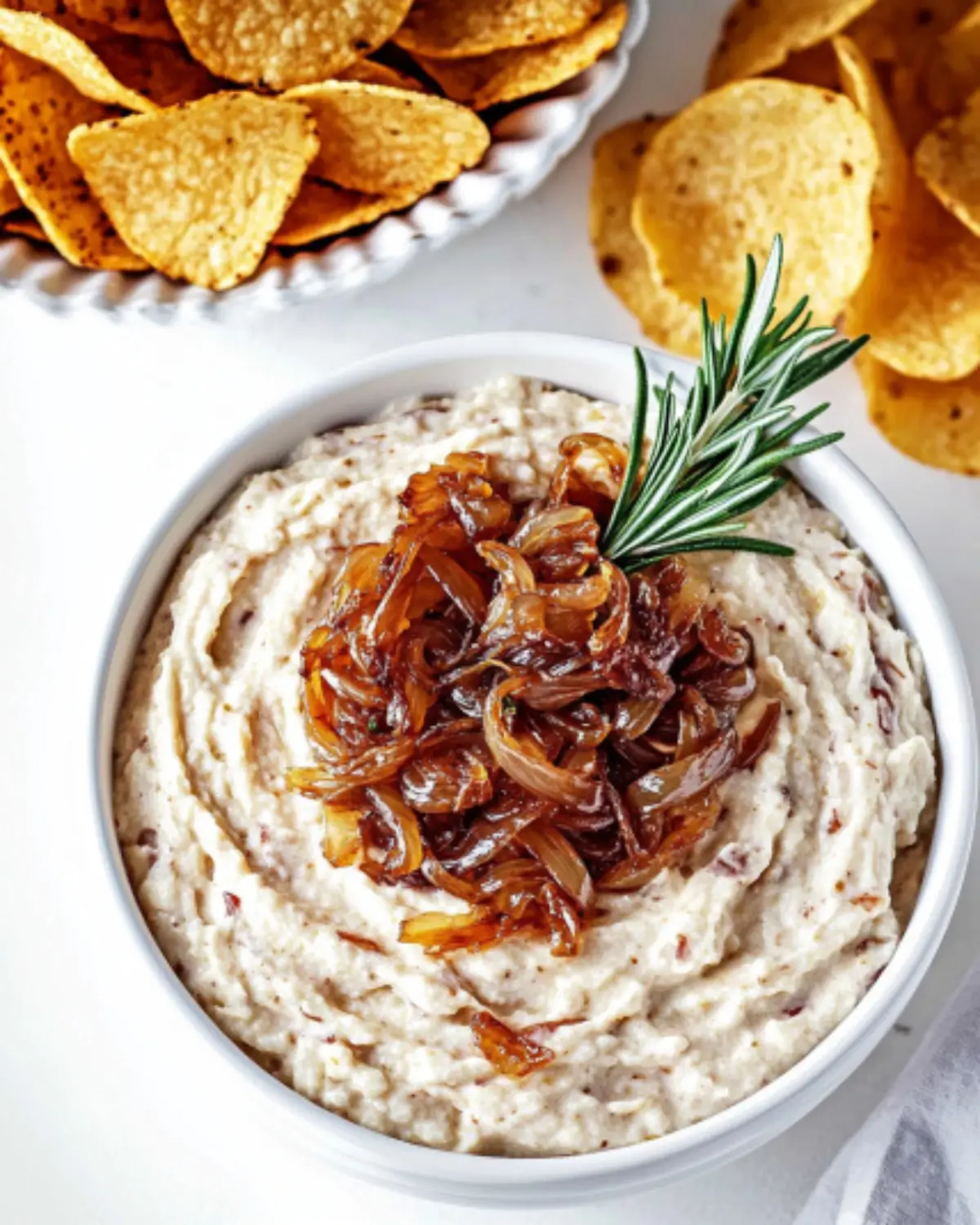 Top view of Delicious Dips made with caramelized onions and herbs, surrounded by crunchy tortilla chips for dipping.