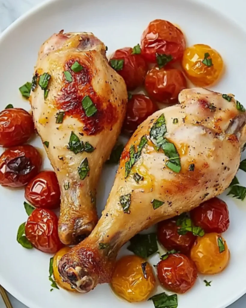 Golden baked chicken drumsticks served with roasted red and yellow cherry tomatoes on a white plate garnished with fresh herbs