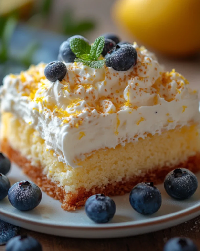 Moist lemon cake slice topped with whipped cream, lemon zest, and blueberries on a white plate
