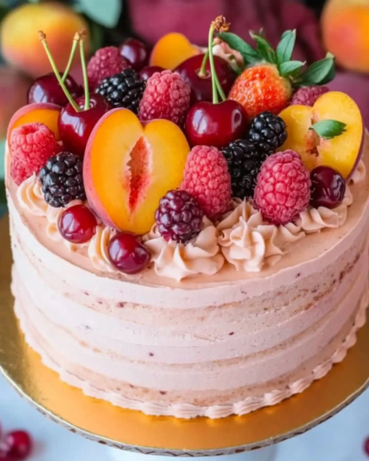 Whole summer sangria cake topped with cherries, raspberries, blackberries, and sliced peaches
