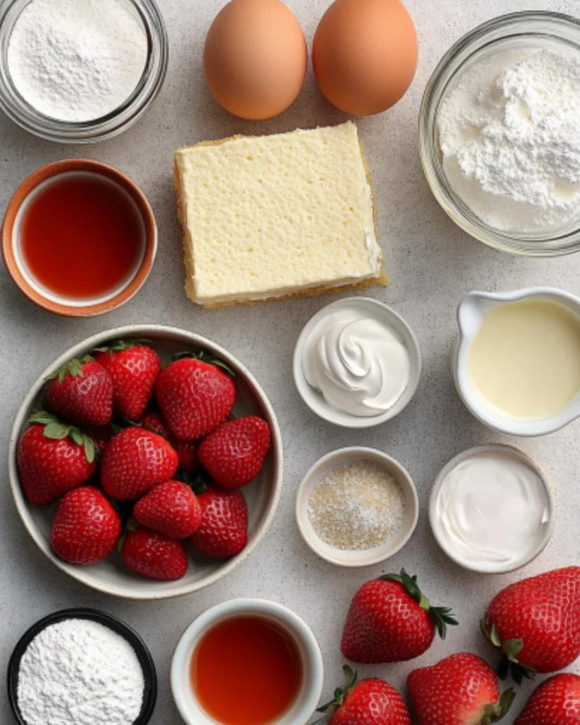 Overhead view of fresh ingredients for strawberry shortcake cake including strawberries, eggs, flour, and cream