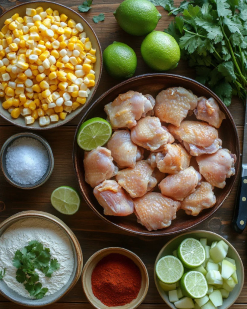 Flatlay of fresh ingredients for lime chicken with corn and poblano salad, including chicken thighs, corn, limes, spices, and cilantro