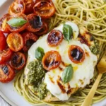 Baked caprese chicken topped with roasted tomatoes and mozzarella served over pesto spaghetti.
