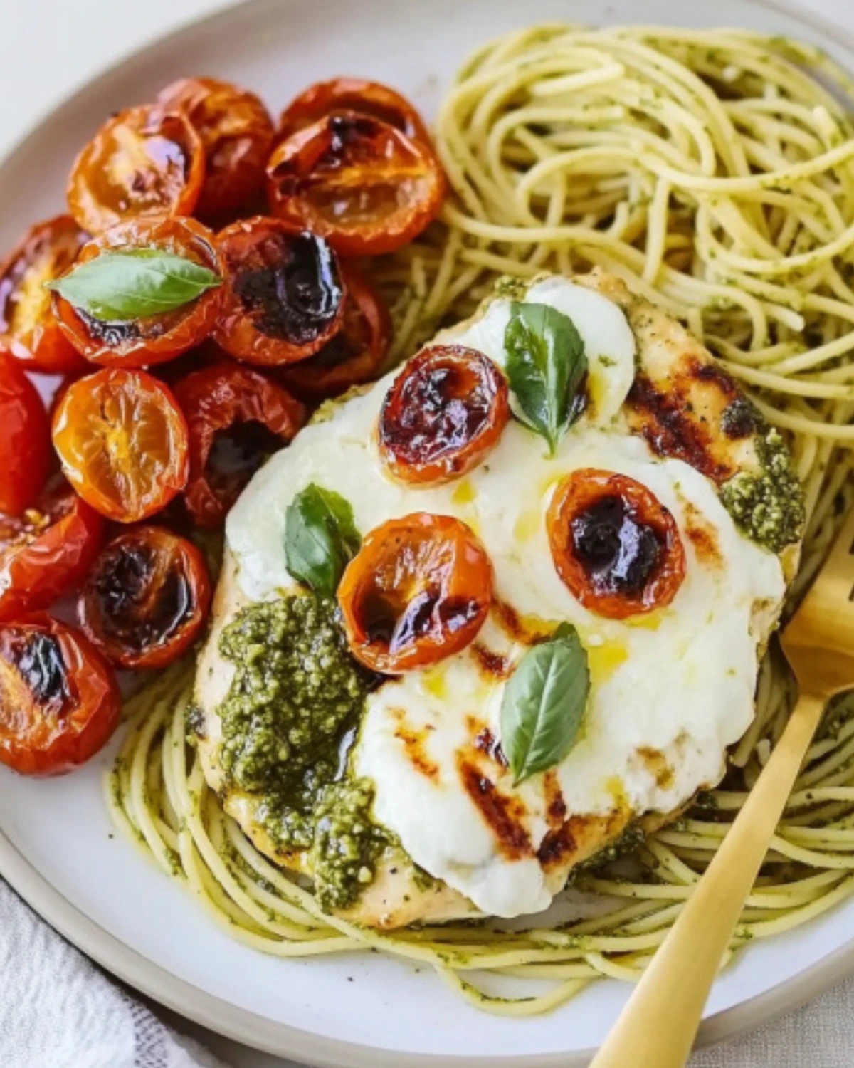 Baked caprese chicken topped with roasted tomatoes and mozzarella served over pesto spaghetti.