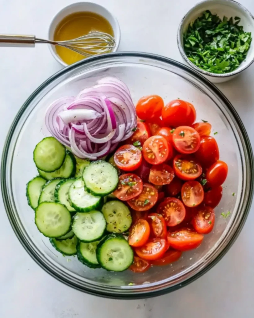 Sliced cucumbers, cherry tomatoes, and red onions in a glass bowl with vinaigrette and fresh parsley on the side