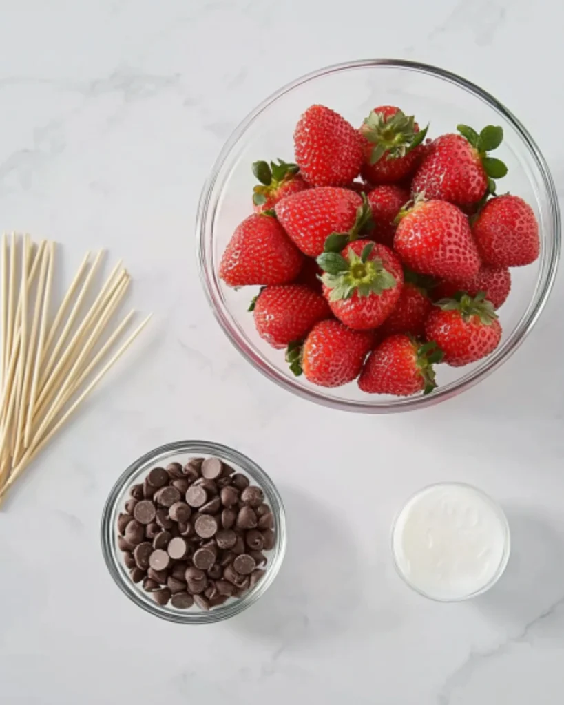 Fresh strawberries, chocolate chips, coconut oil, and skewers arranged on a white marble surface for making chocolate dipped strawberries