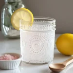 Pink salt water with lemon and mint in glass, Himalayan salt in spoon and bowl, weight loss drink recipe
