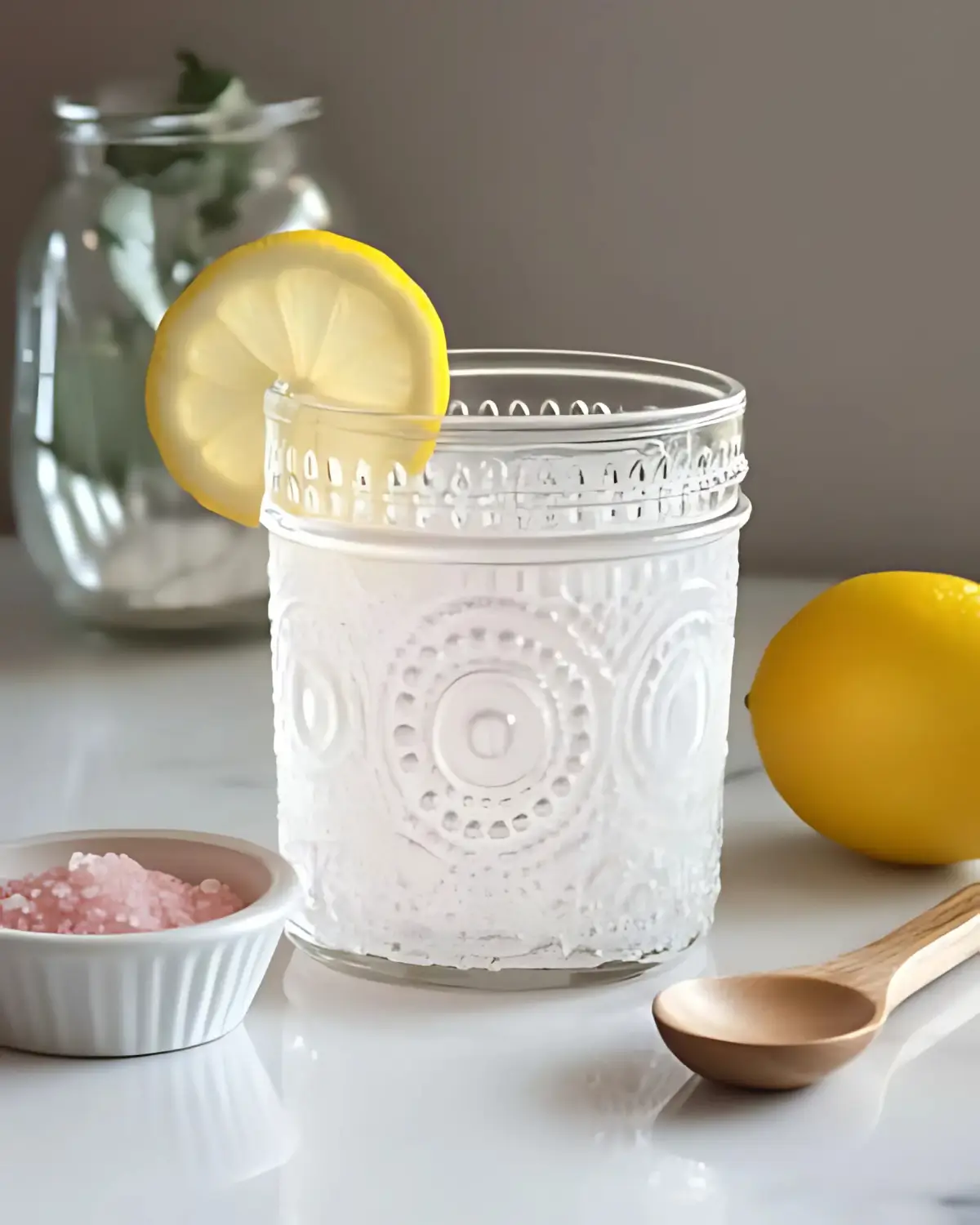 Pink salt water with lemon and mint in glass, Himalayan salt in spoon and bowl, weight loss drink recipe