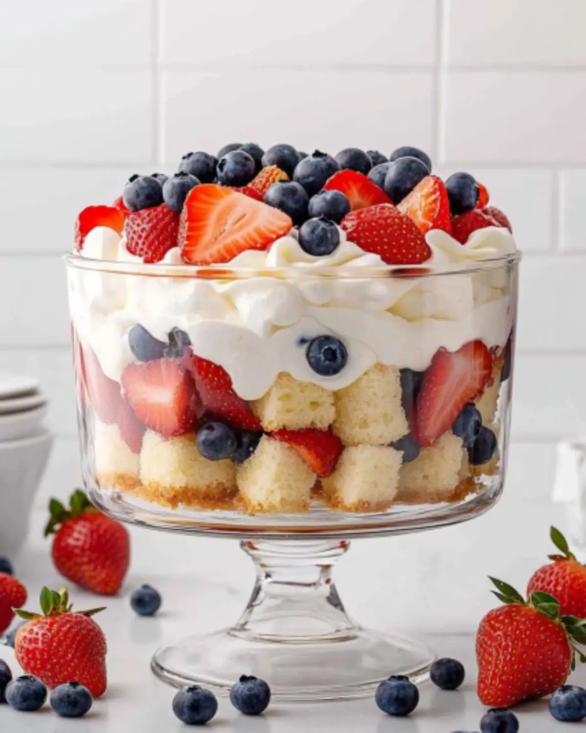 Clear glass trifle bowl filled with layered 4th of July trifle featuring angel food cake cubes, whipped topping, fresh strawberries and blueberries, against a white brick background.