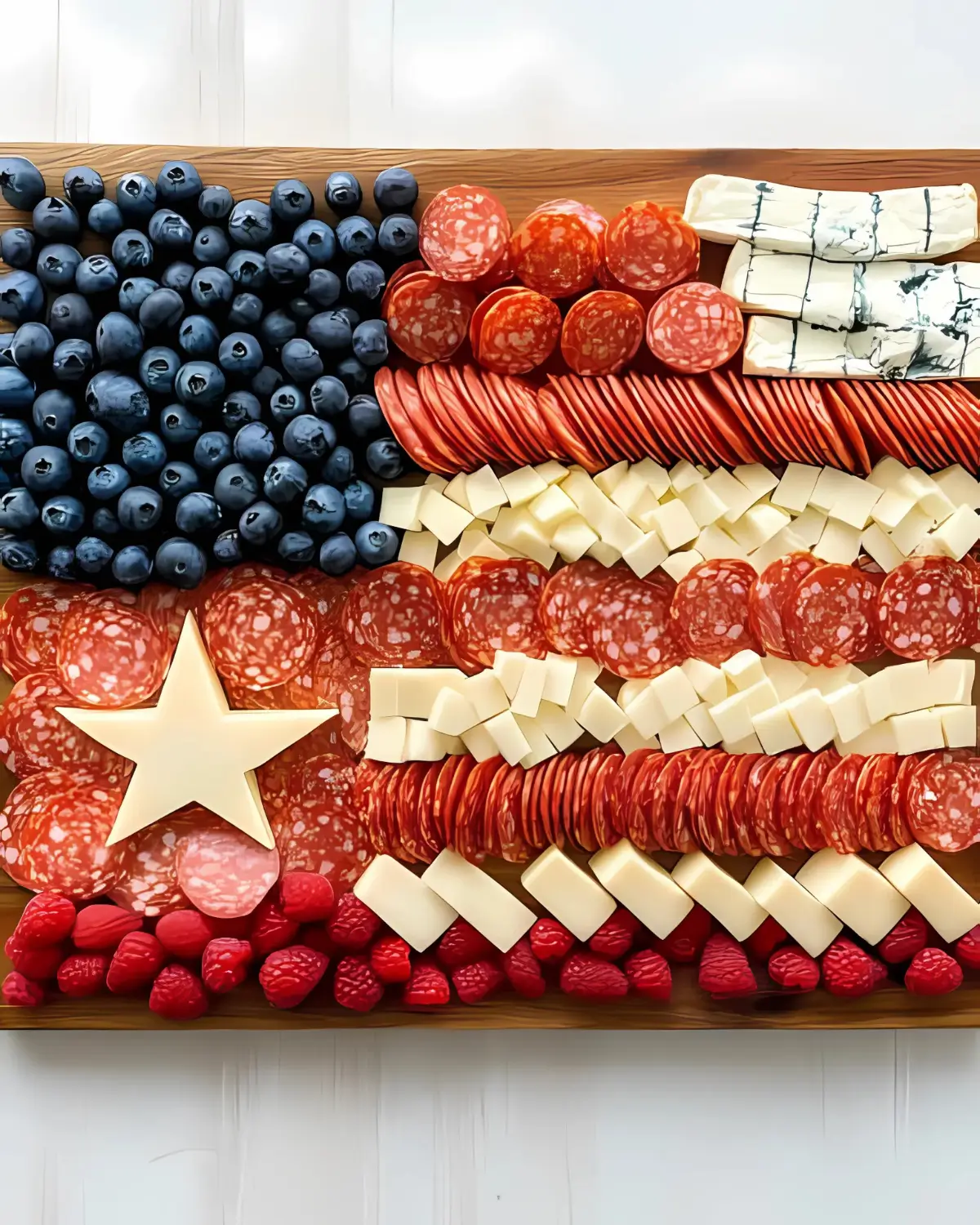 American Flag Charcuterie Board with blueberries, raspberries, salami, white cheese cubes, crackers, and a large star-shaped cheese centerpiece on a wooden board