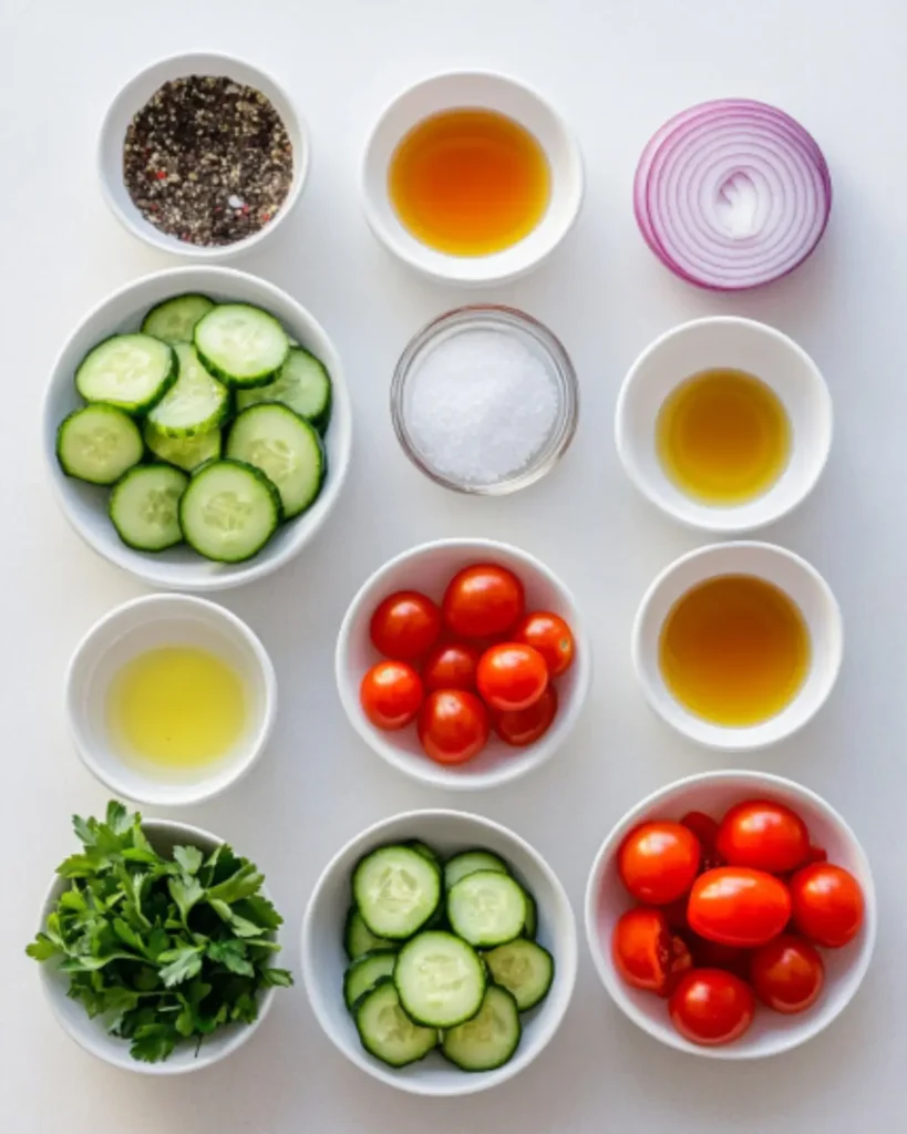 Cucumber Tomato Salad Ingredients in White Bowls on White Background