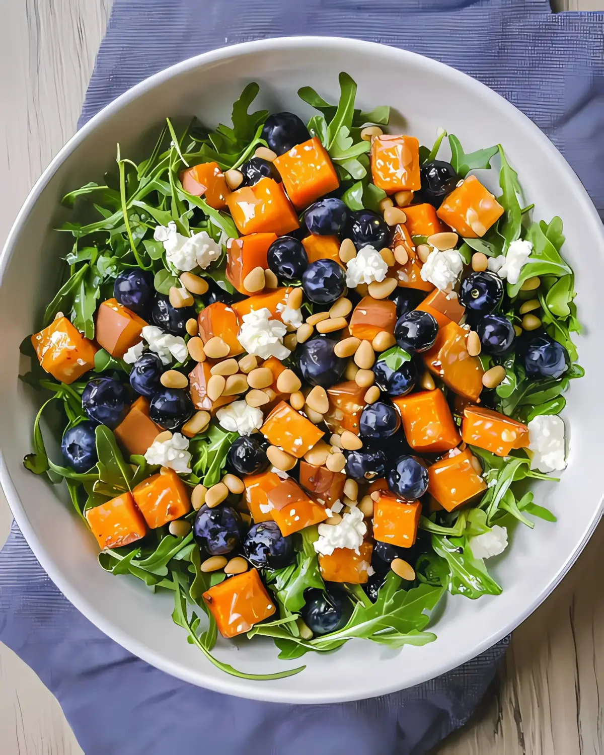 Close-up of honey sweet potato summer salad with a fork lifting a bite, featuring roasted sweet potatoes, arugula, blueberries, goat cheese, pepitas, and pine nuts.
