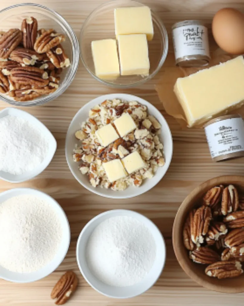 Top-down view of butter pecan cake ingredients including butter, pecans, flour, eggs, and sugar, arranged on a wooden surface.