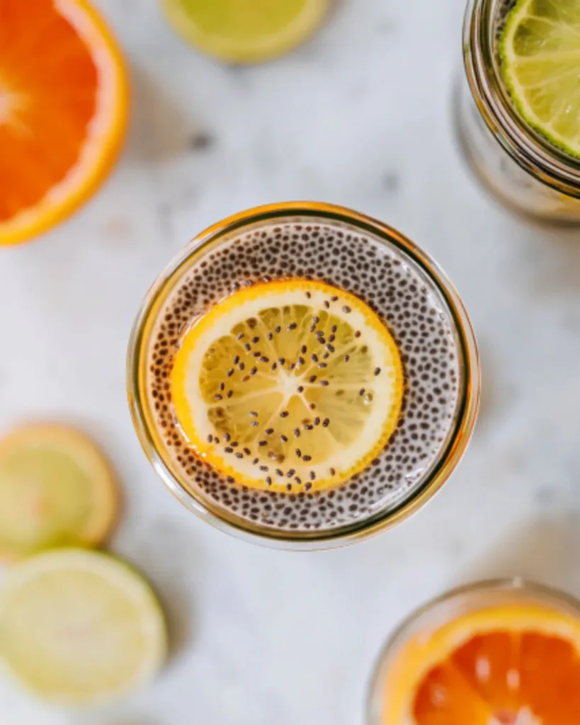 Top view of lemon chia water in a glass with visible chia seeds and citrus slices
