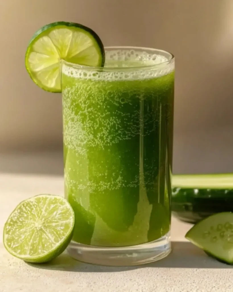 Glass of cucumber celery lime detox juice with fresh lime slice garnish