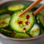 Close-up of cucumber slice with chili flakes and sesame seeds