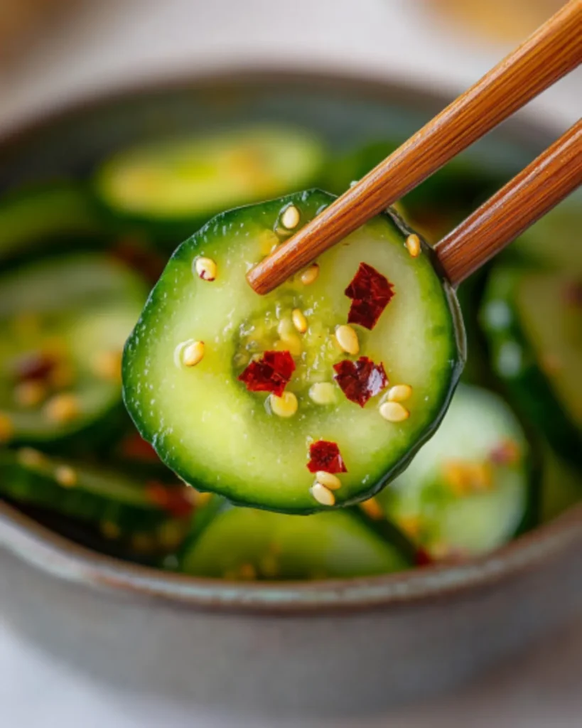 Close-up of cucumber slice with chili flakes and sesame seeds