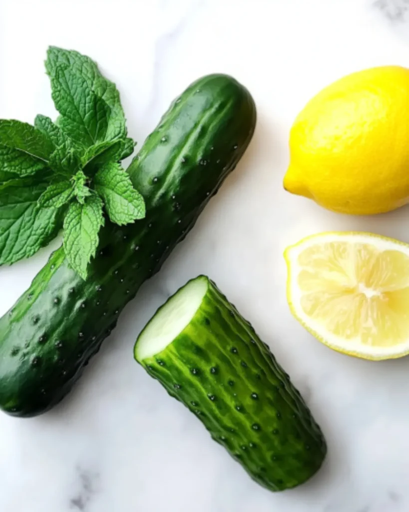 Fresh cucumber, mint leaves, and lemon on white surface for infused water