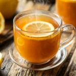 Glass cup of Costa Rican weight loss tea with fresh lemon slice on a rustic wooden table