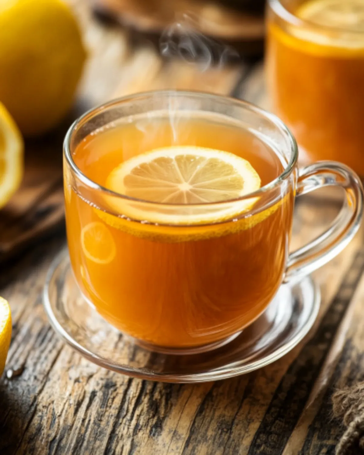 Glass cup of Costa Rican weight loss tea with fresh lemon slice on a rustic wooden table