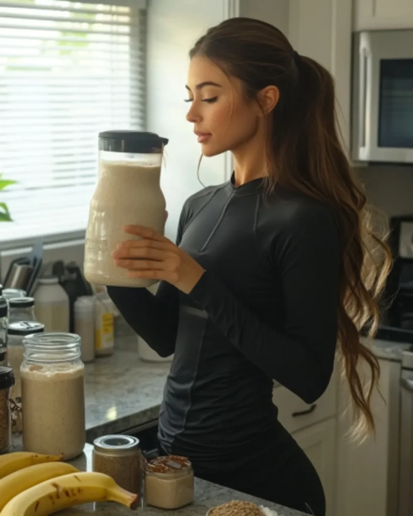 Woman drinking a banana smoothie for weight loss made with chia seeds, almond butter, and protein powder

