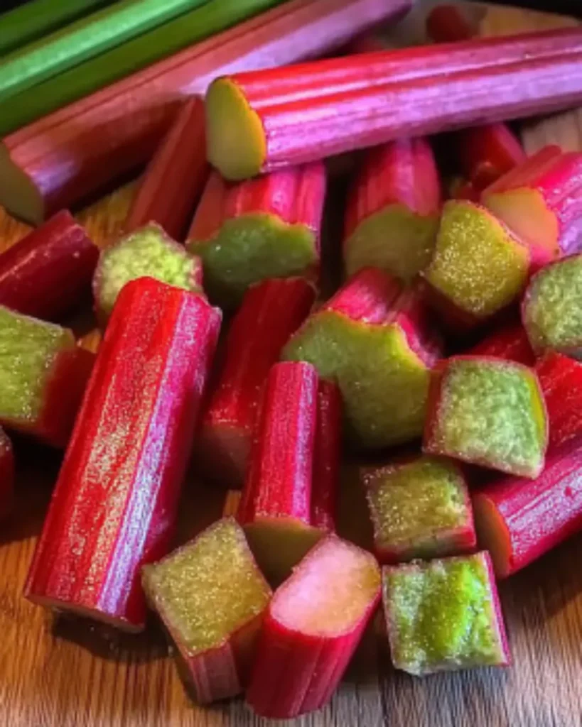 Chopped fresh rhubarb stalks on a wooden cutting board ready for pie filling