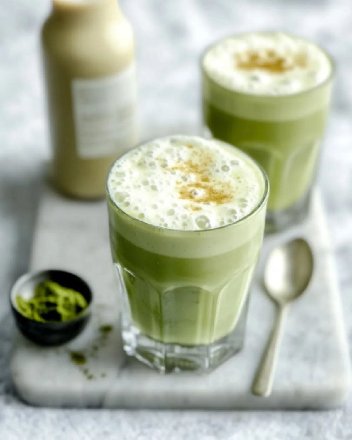 Two glasses of frothy iced matcha latte with almond milk on marble tray, surrounded by matcha powder and milk bottle